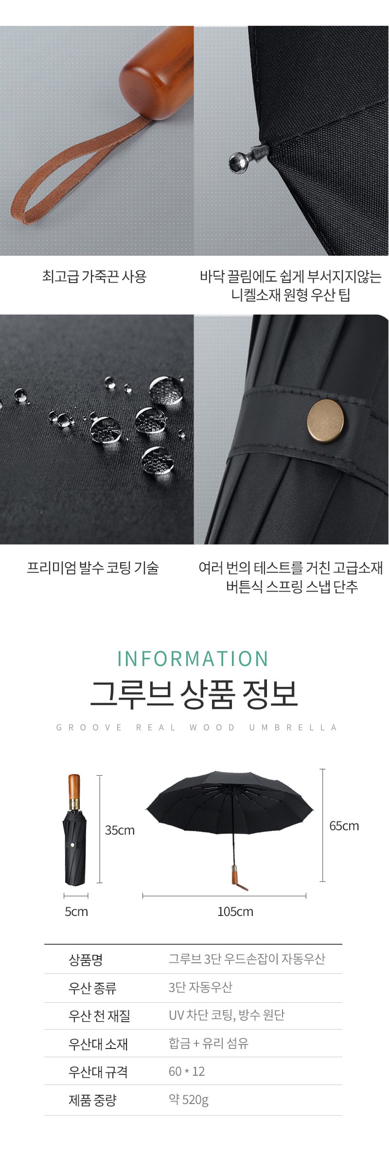 우산제작 그루브 12k 우드 손잡이 3단 완전자동 우산판촉물 상세이미지 5